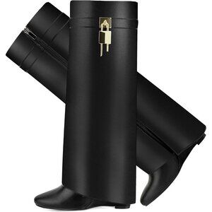Women's Black Suede Pointy Fold Over Wedge Knee Side Zipper Padlock Boot Heel